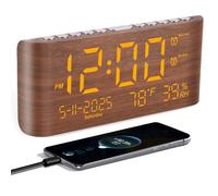 PPLEE Réveil numérique de 22,1 cm pour chambre à coucher avec jour de la semaine, mois, année, humidité et température, luminosité, répétition, 2 réveils et 2 chargeurs USB, horloge de bureau pour les