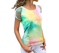 PPPPA Chemisier d'été pour Femmes Chemises tie-Dye T-Shirt déchiré à Manches Courtes et épaules dénudées T-Shirt décontractélongues et à Manches Longues T-Shirt Courtes imprimé tie-Dye pour Femmes