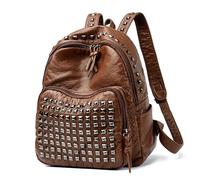 PPQIRU Sac à Dos à Rivets Sac à dos en cuir PU rivets for femmes, sac d'école de couleur unie for étudiants universitaires, main décontracté for(Brown)