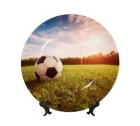 PPTHSNVB Assiette décorative en porcelaine anglaise de 20,3 cm, assiette décorative avec présentoir, assiette ronde en céramique, motif ballon de football sur un terrain, ornements en céramique