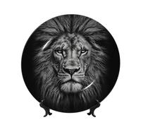 PPTHSNVB Assiette décorative en porcelaine anglaise de 25,4 cm, assiette décorative artisanale avec présentoir, assiette ronde en céramique noire et blanche, tête de lion en céramique, ornements en