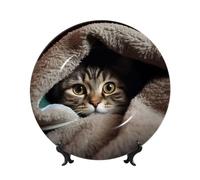 PPTHSNVB Assiette décorative en porcelaine anglaise de 25,4 cm, assiette décorative artisanale avec présentoir, assiette ronde en céramique, motif chat sous couverture, ornements en céramique