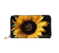 PPTHSNVB Cherry Fruit Portefeuille pour femme Grande capacité Porte-cartes de crédit Fermeture Éclair Pochette de voyage pour femme, Tournesol sur fond noir, Taille unique, Classique