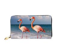 PPTHSNVB Hot Air Balloon Portefeuille pour femme Grande capacité Porte-cartes de crédit Fermeture Éclair Pochette de téléphone Sac à main de voyage pour femme, Flamant rose marchant sur la plage