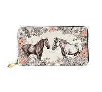 PPTHSNVB Portefeuille de voyage pour femme avec fermeture éclair et inscription « Happy Birthday Images », Fleurs et chevaux dessinés à la main, Taille unique, Classique