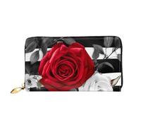 PPTHSNVB Portefeuille de voyage pour femme avec fermeture éclair Motif rayures et roses rouges Grande capacité, Rayures noires et blanches, roses rouges., Taille unique, Classique
