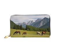 PPTHSNVB Portefeuille pour femme avec motif feuilles multicolores - Grande capacité - Porte-cartes de crédit - Fermeture éclair - Pochette de voyage pour femme, Chevaux de pâturage de montagne, Taille