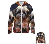 PPTHSNVB Shih Tzu Veste à capuche de protection solaire UPF 50+ à manches longues avec poches Motif chien et fleurs Taille XXL