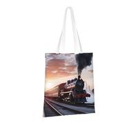 PPTHSNVB Steam Train Depart Sac fourre-tout en toile réutilisable avec poignées pour femme Motif train à vapeur Coucher de soleil