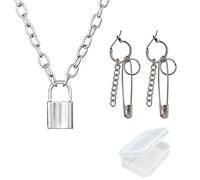 PPX Mignon argent broche boucles d'oreilles et verrouillage pendentif collier déclaration longue chaîne Punk Choker collier pour femmes filles, avec boîte de rangement