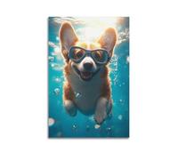 PPZEBDYB Poster décoratif sur toile Corgi avec aventure sous-marine - Poster mural moderne pour chambre à coucher (50 x 75 cm)