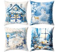 PQETBV 4 Pièces Housse de Coussin Noël, Taies d'oreiller de Noël Dëcoratives en Lin Housse Coussins pour Lit Canapë Chambre Salon(Bleu)