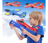 PQETBV Avion Polystyrene avec Pistolet Catapulte, 4 Pack Avion Volant Mousse, Planeur en Mousse, Jeux Exterieur Intérieur Jardin Interactif Cadeau Noël Anniversaire Garçon Fille 3-12 Ans