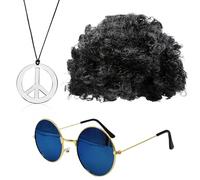 PQJSJDR Ensemble de costume hippie disco, perruque afro funky, lunettes de soleil bleues, collier avec signe de paix pour fête rétro des années 50/60/70, accessoires de fête rétro pour homme, femme