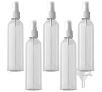 PQPAUTY 5 Pièces Vide 250 ml Vaporisateur Flacon Pastique PET Transparent Bouteille avec Pompe Blanc pour l'alcool Parfum Cosmétique Voyage Rechargeable, 1x Entonnoir