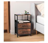 PQPQLI Night Stand with Charger Station, 24.2 inch Tall Nightstand, End Table for Bedroom with Open Shelf & 2 Fabric Drawers, Wooden Top, for Bedroom, Dorm and Small Spaces(Wood Grain)