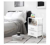 PQPQLI Night Stand with Charger Station, 24.2 inch Tall Nightstand, End Table for Bedroom with Open Shelf & 2 Fabric Drawers, Wooden Top, for Bedroom, Dorm and Small Spaces(Blanc)