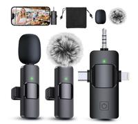PQRQP Microphone cravate professionnel 3 en 1 pour iPhone/Android/appareil photo, microphones sans fil, mini microphone, son cristallin pour enregistrement, diffusion en direct, clips - noir élégant