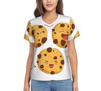 PQruop 3 biscuits aux pépites de chocolat avec différentes expressions, imprimé, léger, décontracté, été, tendance, tendance, col en V, t-shirt à manches courtes pour femme, Noir , L