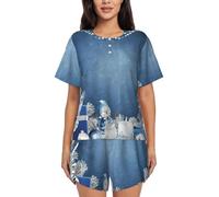 PQruop Cadeaux décoratifs de Noël - Pyjama deux pièces pour femme - Imprimé bonhomme de neige - Pyjama d'été à manches courtes et col rond - Vêtements décontractés pour la maison, Noir , L