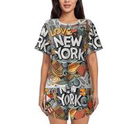 PQruop Cartoon Cute New York American Theme Art Print Pyjama deux pièces pour femmes, pyjama d'été à manches courtes et col rond, vêtements décontractés pour la maison, Noir , L