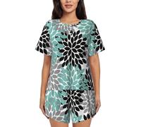 PQruop Dahlia Pyjama deux pièces pour femme, imprimé floral, pyjama d'été à manches courtes et col rond, vêtements décontractés pour la maison, Noir , 4XL