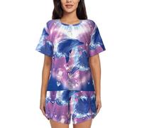 PQruop Dolphins In Love Print Pyjama deux pièces pour femme, pyjama d'été à manches courtes et col rond, vêtements décontractés pour la maison, Noir , XL