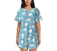 PQruop Hot Dog Egg Pattern Print Pyjama deux pièces pour femme, pyjama d'été à manches courtes et col rond, vêtements décontractés pour la maison, Noir , S