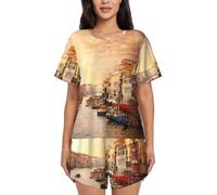 PQruop Magnifique pyjama deux pièces pour femme imprimé sur le canal de Venise, pyjama d'été à manches courtes et col rond, vêtements décontractés pour la maison, Noir , 4XL