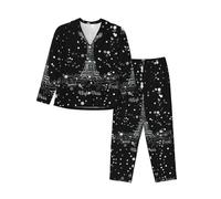 PQruop Nuit Paris Tour Eiffel imprimé pyjama deux pièces pour femme, pyjama boutonné à manches longues avec poches, pyjama décontracté., Noir , XL