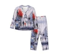 PQruop Paris City Tree Eiffel Tower Art Print Pyjama deux pièces pour femme, pyjama boutonné à manches longues avec poches, pyjama décontracté., Noir , L