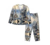 PQruop Pyjama 2 pièces romantique à imprimé Tour Eiffel de Paris pour femmes, pyjama boutonné à manches longues avec poches, pyjama décontracté., Noir , XXL