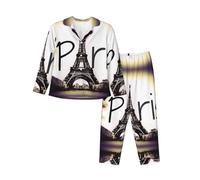 PQruop Pyjama deux pièces imprimé Tour Eiffel Love Paris pour femmes, pyjama boutonné à manches longues avec poches, pyjama décontracté., Noir , XXL