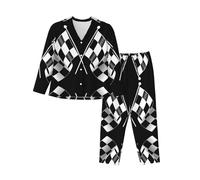 PQruop Pyjama deux pièces pour femme avec imprimé drapeaux à carreaux et manches longues avec poches, pyjama décontracté., Noir , XXL