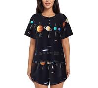 PQruop Pyjama deux pièces pour femme avec imprimé système solaire Jupiter Saturne, pyjama d'été à manches courtes et col rond, vêtements décontractés pour la maison, Noir , 3XL