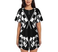 PQruop Pyjama deux pièces pour femme avec motif de drapeaux à carreaux noirs et blancs, pyjama d'été à manches courtes et col rond, vêtements décontractés pour la maison, Noir , L