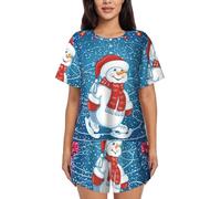 PQruop Pyjama deux pièces pour femme imprimé bonhomme de neige d'hiver, pyjama d'été à manches courtes et col rond, vêtements décontractés pour la maison, Noir , XXL