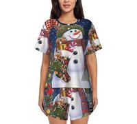 PQruop Pyjama deux pièces pour femme imprimé bonhomme de neige en carton de Noël, pyjama d'été à manches courtes et col rond, vêtements décontractés pour la maison, Noir , S