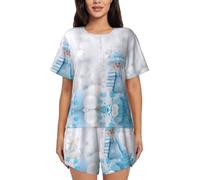 PQruop Pyjama deux pièces pour femme imprimé bonhomme de neige mignon, pyjama d'été à manches courtes et col rond, vêtements décontractés pour la maison, Noir , S