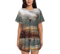PQruop Pyjama deux pièces pour femme imprimé canards sauvages chasseurs, pyjama d'été à manches courtes et col rond, vêtements décontractés pour la maison, Noir , XXL