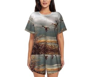 PQruop Pyjama deux pièces pour femme imprimé canards sauvages chasseurs, pyjama d'été à manches courtes et col rond, vêtements décontractés pour la maison, Noir , XXL