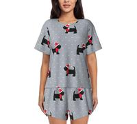 PQruop Pyjama deux pièces pour femme imprimé chiens mignons de Noël, pyjama d'été à manches courtes et col rond, vêtements décontractés pour la maison, Noir , M