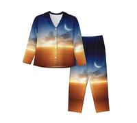 PQruop Pyjama deux pièces pour femme imprimé ciel avec lune, pyjama boutonné à manches longues avec poches, pyjama décontracté., Noir , S
