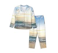 PQruop Pyjama deux pièces pour femme imprimé coucher de soleil océan, pyjama boutonné à manches longues avec poches, pyjama décontracté., Noir , S