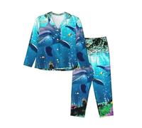 PQruop Pyjama deux pièces pour femme imprimé dauphin sous-marin océan, pyjama à manches longues boutonné avec poches, pyjama décontracté., Noir , S