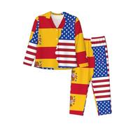 PQruop Pyjama deux pièces pour femme, imprimé drapeau de l'Espagne américaine, pyjama boutonné à manches longues avec poches, pyjama décontracté., Noir , S