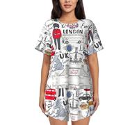 PQruop Pyjama deux pièces pour femme imprimé I Love London, pyjama d'été à manches courtes et col rond, vêtements décontractés pour la maison, Noir , 3XL