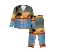 PQruop Pyjama deux pièces pour femme, imprimé palmier, coucher de soleil, océan, pyjama à manches longues boutonné avec poches, pyjama décontracté., Noir , S
