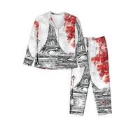 PQruop Pyjama deux pièces pour femme imprimé Paris, pyjama boutonné à manches longues avec poches, pyjama décontracté., Noir , XXL