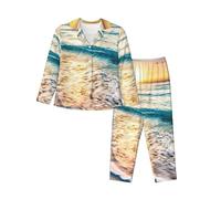 PQruop Pyjama deux pièces pour femme, imprimé plage, coucher de soleil, vagues de l'océan, pyjama décontracté à manches longues avec poches, pyjama décontracté., Noir , S